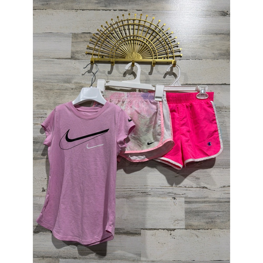 Nike Champion Shorts Shirt Set Girls 6 Pink Tie Dye Athletic Sporty
